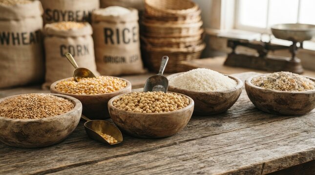 Several wooden bowls hold different grains &ndash; wheat, soybeans, rice, corn, and lentils. A small scoop rests on the weathered wooden table.