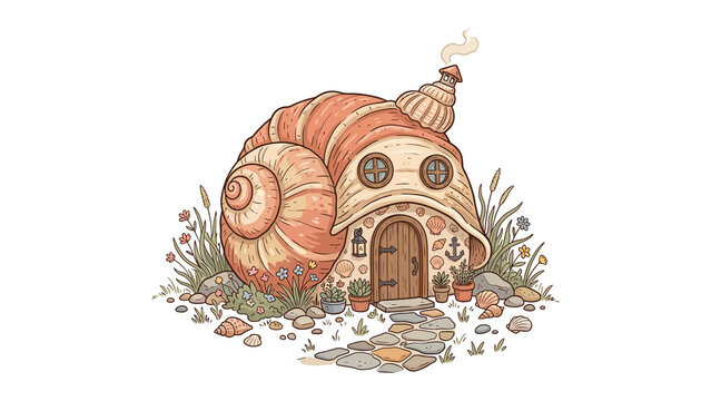 Fantasy snail shell cottage whimsical garden illustration with whimsical