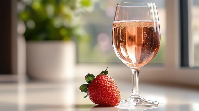 Sparkling ros wine in elegant glass with fresh strawberry on table by sunlit window