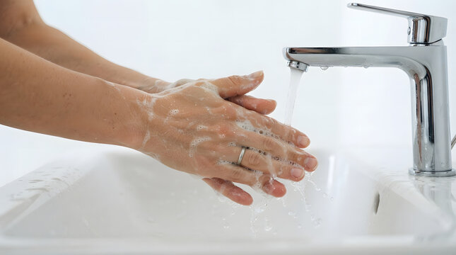 Close-up of person washing hands under running water faucet for hygiene and cleanliness