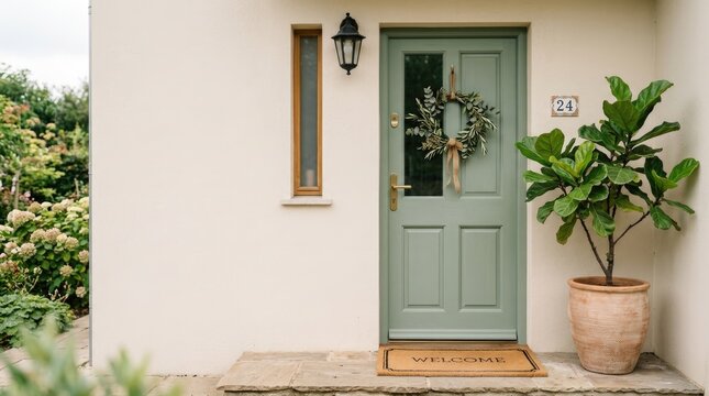 A charming cottage door welcomes visitors with a green door, a wreath, and a warm "Welcome" mat. A potted Ficus plant sits beside the door, and a stone pathway leads to the entrance.
