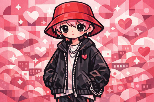 Female cartoon character wearing a hat, jacket and sweater with heart graphics.