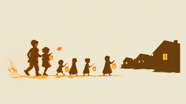 Schematic vector illustration of a lantern procession (Laternenumzug), a row of children figures holding glowing lanterns, a simple village street with a few houses and glowing windows