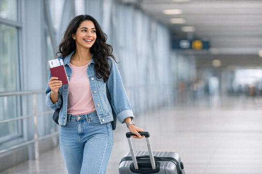 Smiling young woman with suitcase, traveling with excitement.