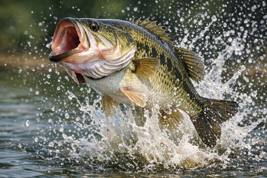 Angler catches large bass with vigorous splash and flailing fins.