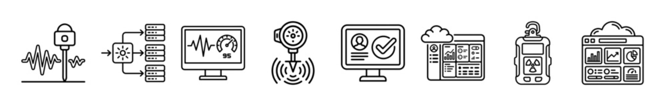 digital health monitoring devices with pulse rhythm and biochip icons isolated