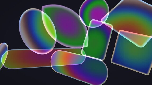 Iridescent shapes move against a dark background
