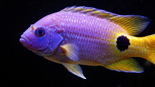 Colorful Purple and Yellow Cichlid Fish in Dark Aquarium