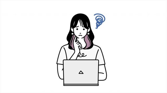 パソコン作業に困っている女性が笑顔になるイラストアニメーション・上半身の感情表現動画・白背景