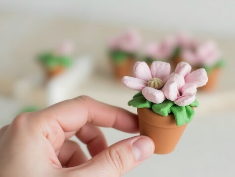 Hand holding mini clay flower pot with pink blossom