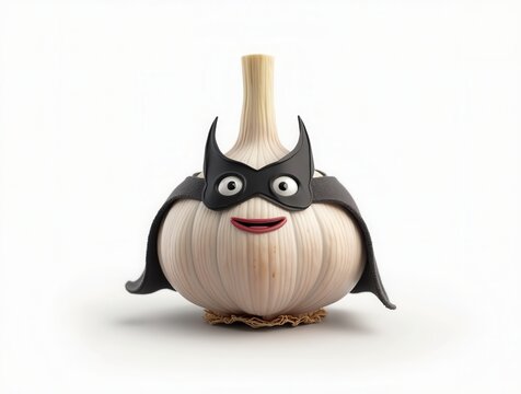 Superhero garlic wearing mask and cape is fighting diseases