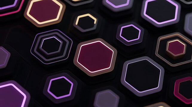 A dark abstract background, featuring a pattern, of 3d, hexagonal tiles with, glowing neon edges, in purple, pink, and gold colors, on a black surface