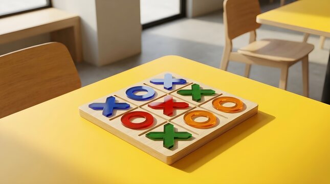Colorful wooden tic tac toe game displayed on a bright table in a modern classroom setting, representing learning and childhood fun.