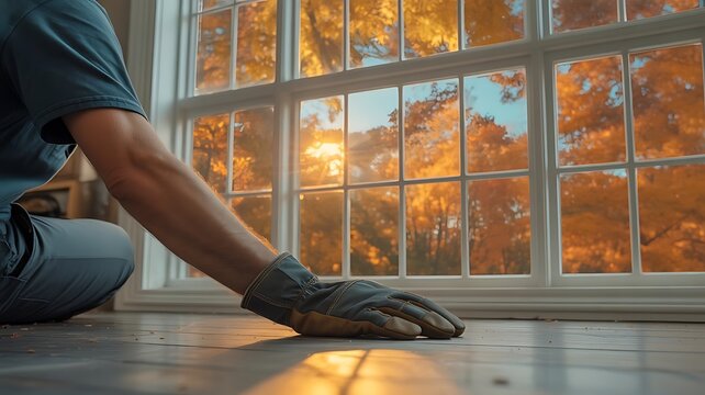 A person wearing work gloves kneeling on a wooden floor while installing or repairing planks near a large window with warm autumn sunlight outside