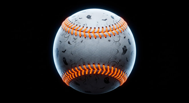 Creative Halloween themed baseball featuring spooky ghost patterns and glowing orange neon stitching.