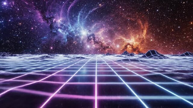 Digital 3D landscape featuring a glowing neon grid and wireframe mountains under a vibrant cosmic nebula with bright stars, galaxies, and colorful space clouds in a retrowave style.