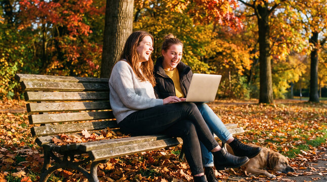 Women laughing laptop park bench autumn leaf friend outdoor smile, two young women laughing together wooden bench using laptop autumn park with colorful tree, casual clothing, happy friendship