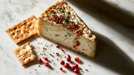 Fototapeta premium Artisan cheese wedge flat lay