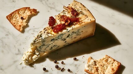 Fototapeta premium Artisan cheese wedge flat lay