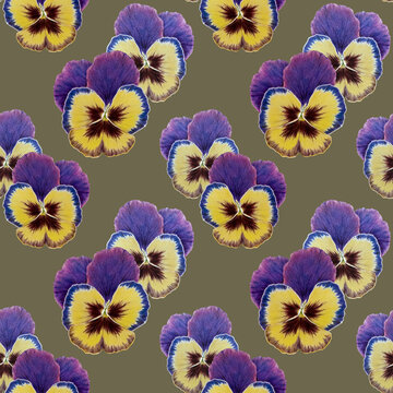 Seamless pattern with violets. Colored pencils drawing on paper. Vibrant plant.  Detailed botanical illustration. Close-up summer flowers. Realistic drawing. Not AI generated.