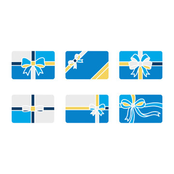A collection of colorful flat design shopping card icons featuring decorative ribbons and bows for retail gift concepts