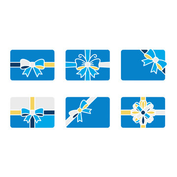 A set of blue gift cards with decorative ribbons and bows designed as professional shopping card icons