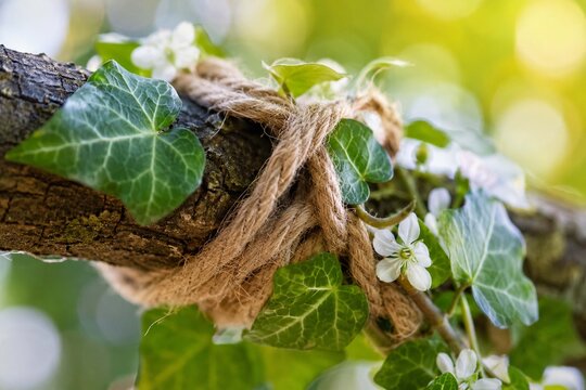 Jute Rope Tied Around Tree Branch with Ivy Leaves and Small White Flowers