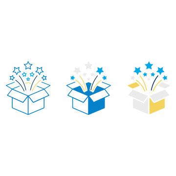Set of creative open box shopping card icons featuring star bursts for e commerce and retail design projects