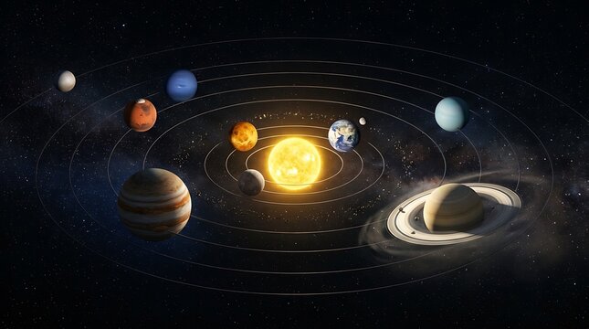 Conceptual illustration of the solar system with planets orbiting the sun.