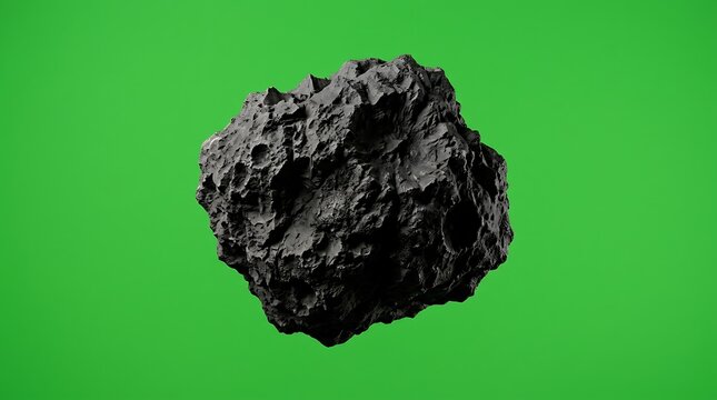 3D Render of a Dark Asteroid Isolated on a Green Screen Background.