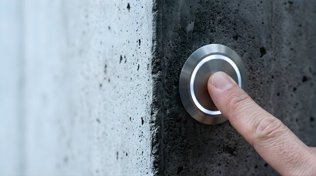 Finger pressing a modern round metal doorbell button on a concrete wall