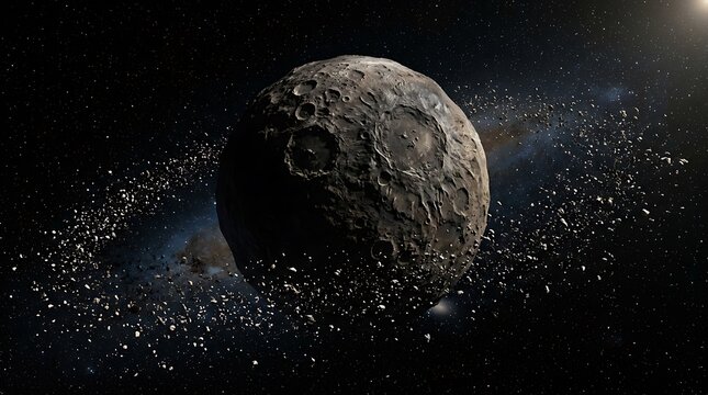 A rocky planetoid with a dense ring system in deep space.