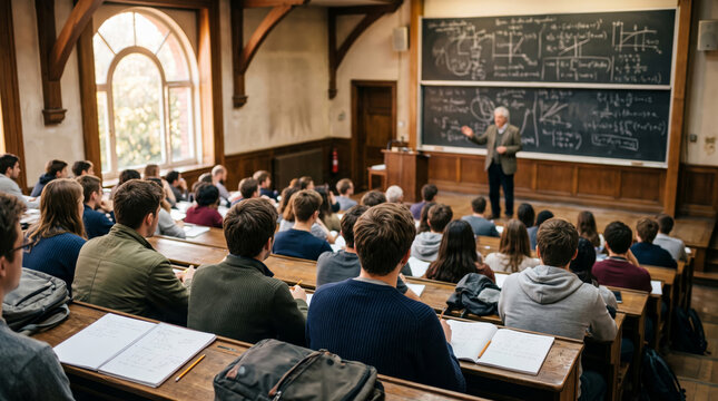 Students viewed from behind in a warm wooden lecture hall watching a blurred professor, representing higher education and academic focus.