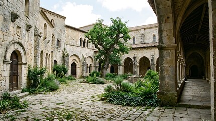 Obraz premium Ancient Stone Cloister Courtyard of a Medieval Monastery in France.