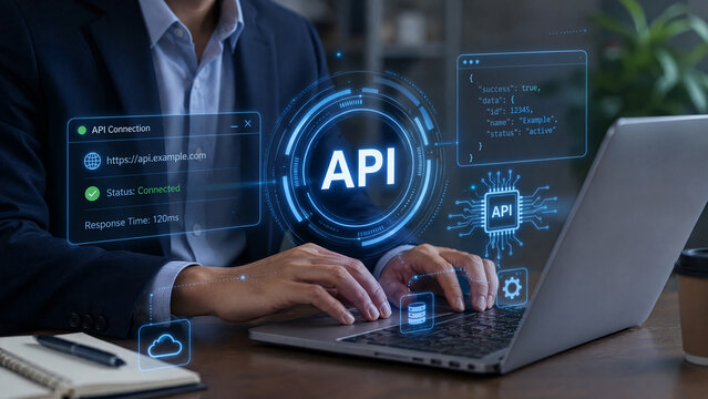 Businessman working on laptop with API interface and cloud technology graphics