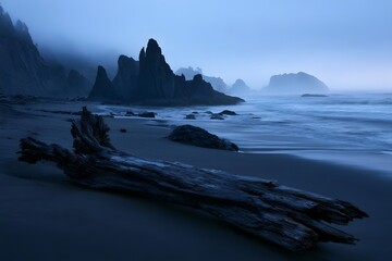 Fototapeta premium Rugged basalt coastline with driftwood at blue hour