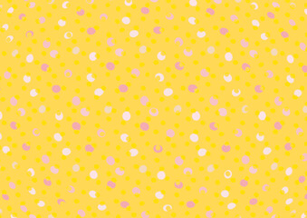 Abstract, crescent moon illustration, pastel pink, cute irregularly scattered polka dots, colorful simple illustration, illustration, hand-drawn background, yellow, pink © haena