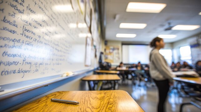 Focused medium shot of idiom examples written clearly on a whiteboard with surrounding classroom elements fading out of focus