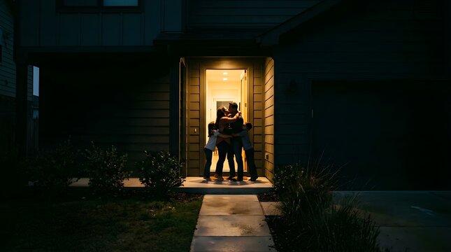 Happy family hugging and kissing at the front door of their home at night