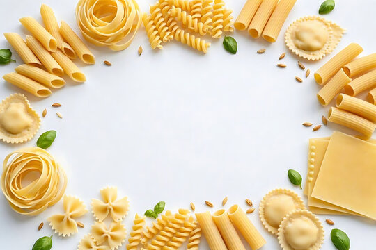 Assortment of raw Italian pasta varieties including penne, fusilli, farfalle, ravioli, and tagliatelle arranged as a frame on a white background with copy space