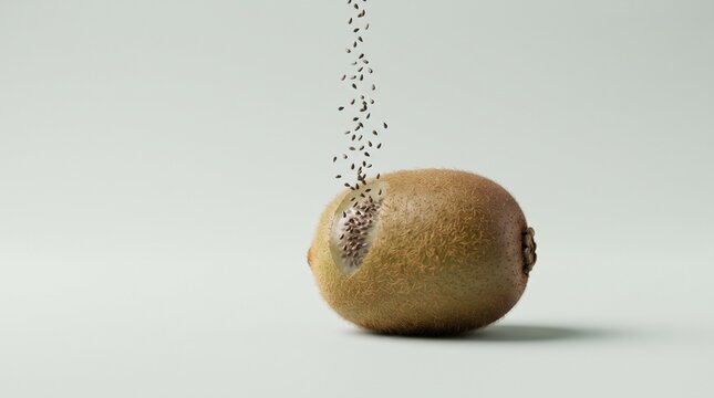 Fresh Kiwi Seeds Rising in Midair Against a Clean Background
