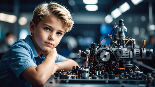 Young Engineer's Dream: A young boy with bright, inquisitive eyes gazes thoughtfully at a complex mechanical device, surrounded by the intricate details of what appears to be a workshop or laboratory.