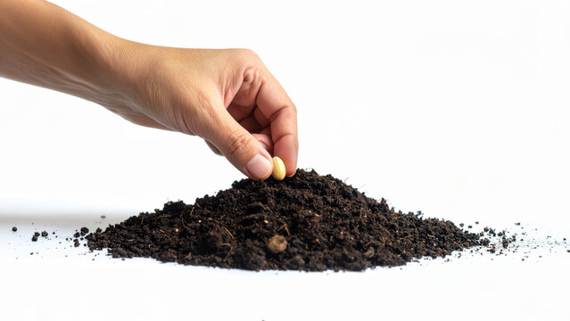 Planting a Seed of Hope: A close-up shot captures a hand gently placing a single seed atop a mound of rich, dark soil, symbolizing growth, new beginnings, and the promise of future abundance.