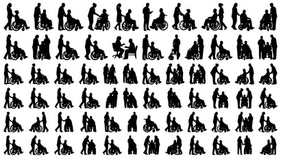 Fototapeta premium Wheelchair Patient Transport Silhouette Vector Set with Nurse and Caregiver Assistance
