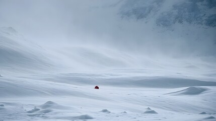 Fototapeta premium Snowy mountain pass with red trail marker