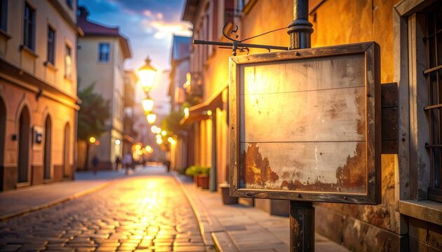 Empty Wooden Sign Hangs on Post with Vintage Street in Background