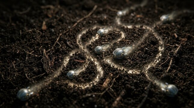 Glowing Path of Woodlice on Rich Dark Soil at Nighttime