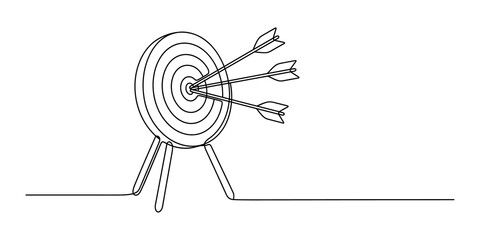 Minimalist line drawing of archery target with three arrows hitting the bullseye on a stand, representing accuracy and success in sports and hobbies © Line World