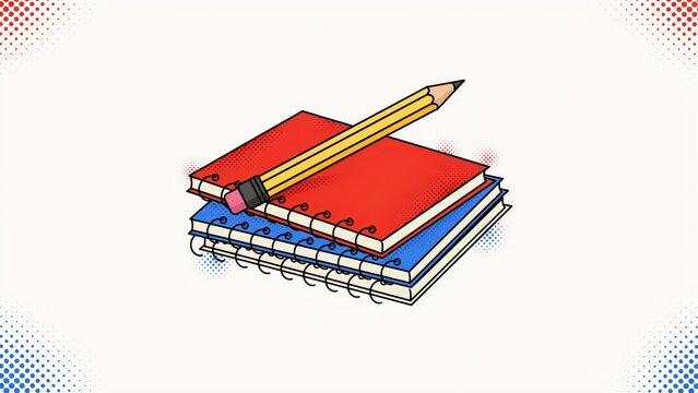 Colorful stacked notebooks with pencil with stylized illustration stacked spiral bound notebooks red blue pencil resting atop creativity education