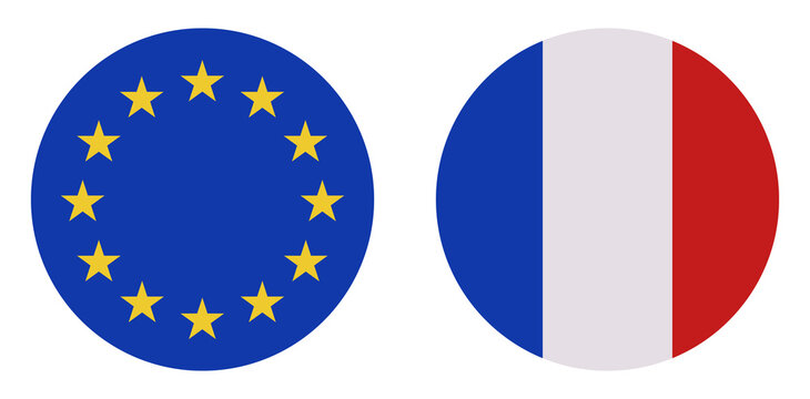 European Union and France round flag icons vector, EU and French circular flags isolated on white background, European national symbols illustration